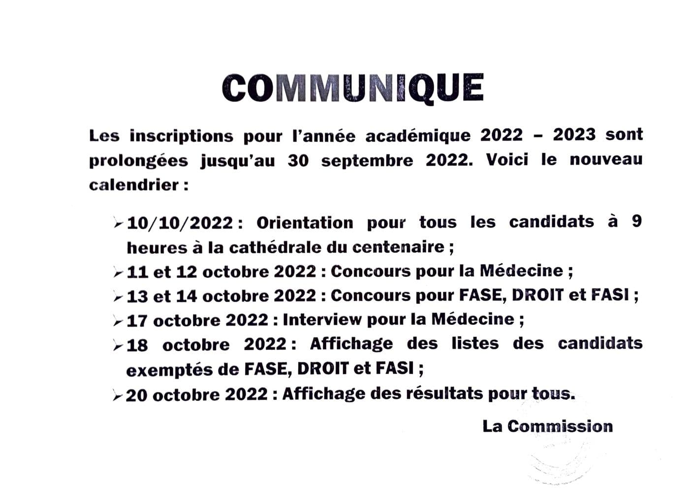 Inscriptions pour l’année académique 2022-2023 – Nouveau calendrier
