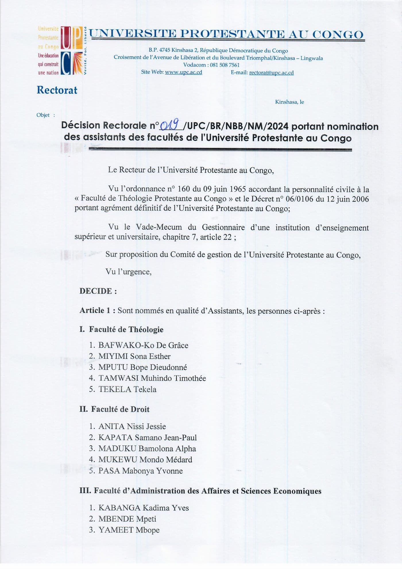 Décision rectorale portant nomination des assistants des Facultés