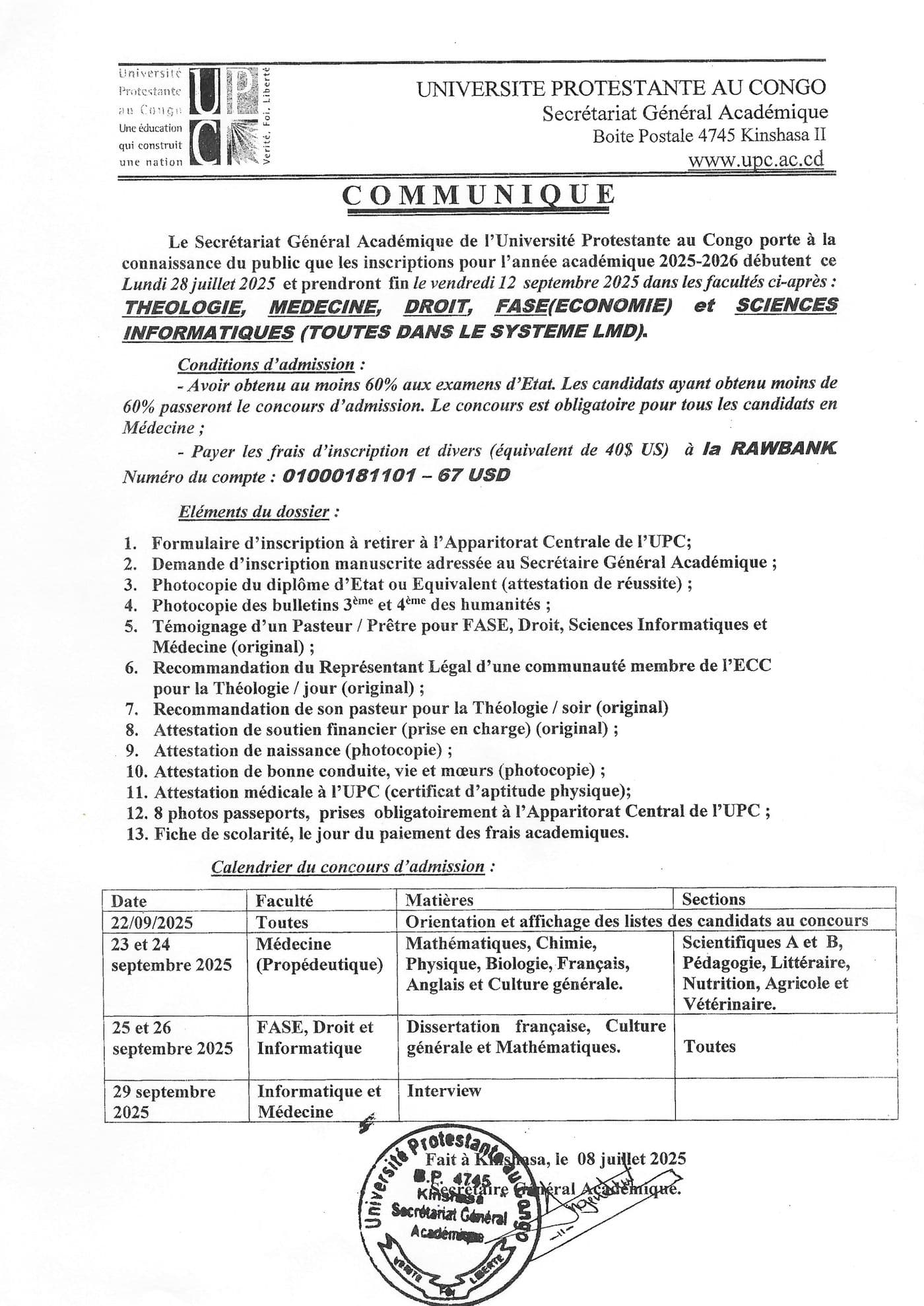 COMMUNIQUE INSCRIPTION 2025-2026