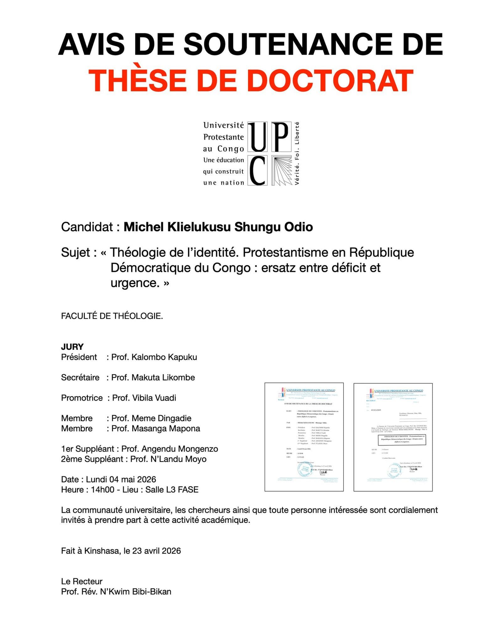 Avis de soutenance de Thèse de doctorat