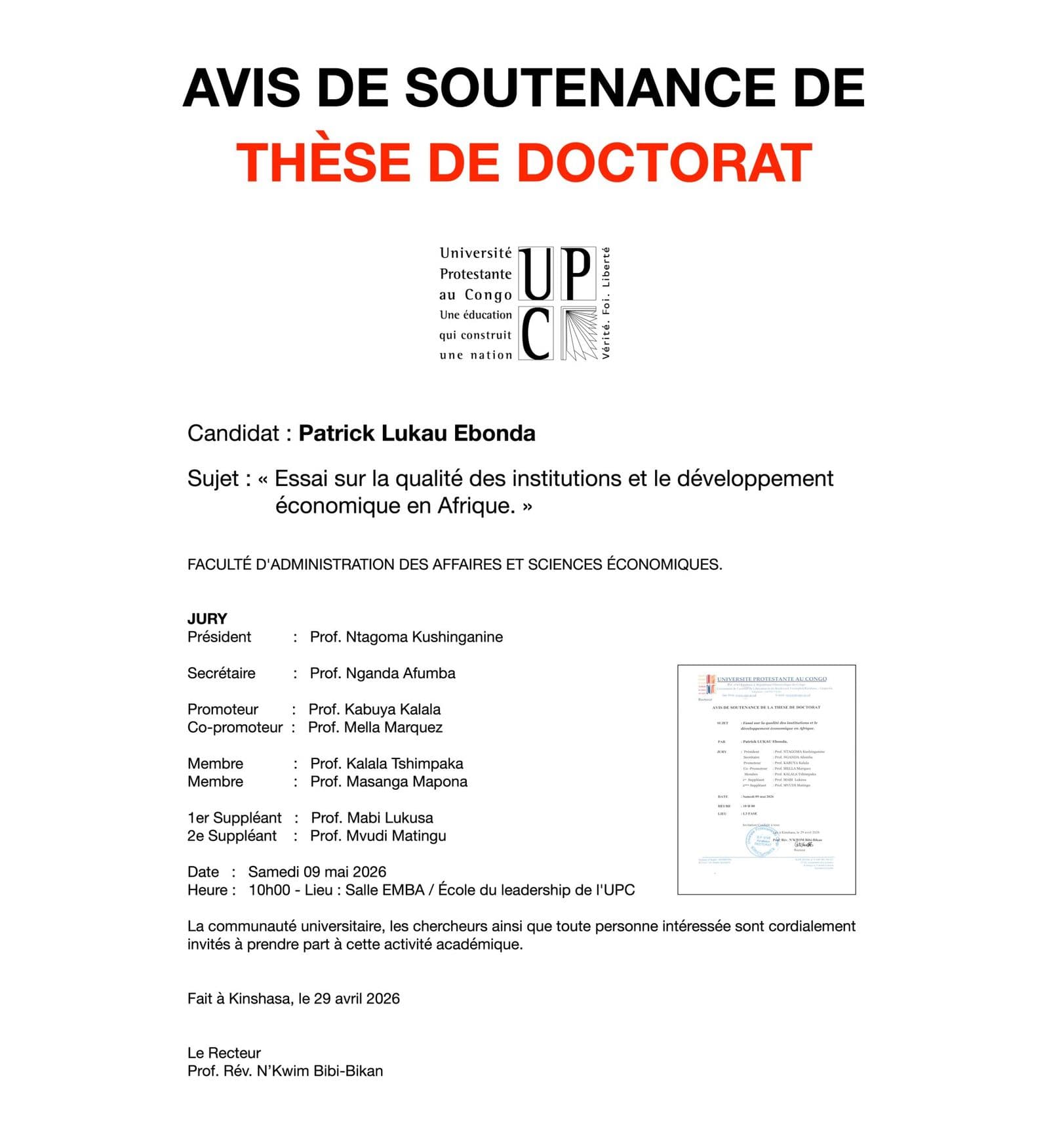 Le Recteur de l’UPC, Professeur Révérend N’Kwim Bibi-Bikan, a l’honneur de vous inviter à prendre part à la so