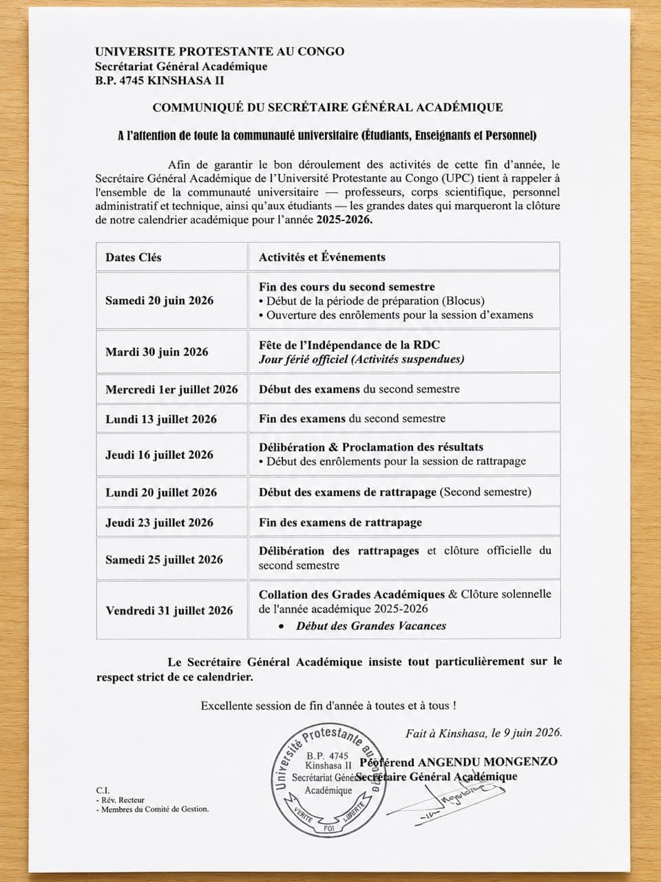 Afin de garantir le bon déroulement des activités de cette fin d’année; le Secrétaire Général Académique de l’