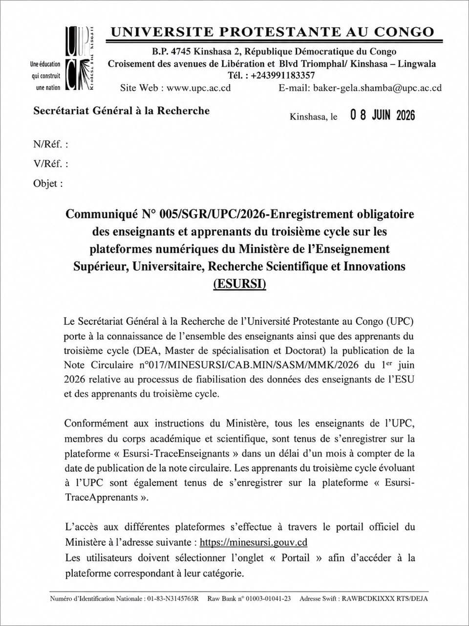 Le SGR de l’UPC porte à la connaissance de la communauté universitaire la publication de la Note Circulaire n°