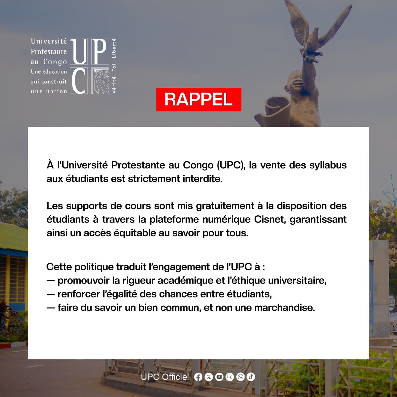 À l’Université Protestante au Congo, la vente des syllabus aux étudiants est strictement interdite.