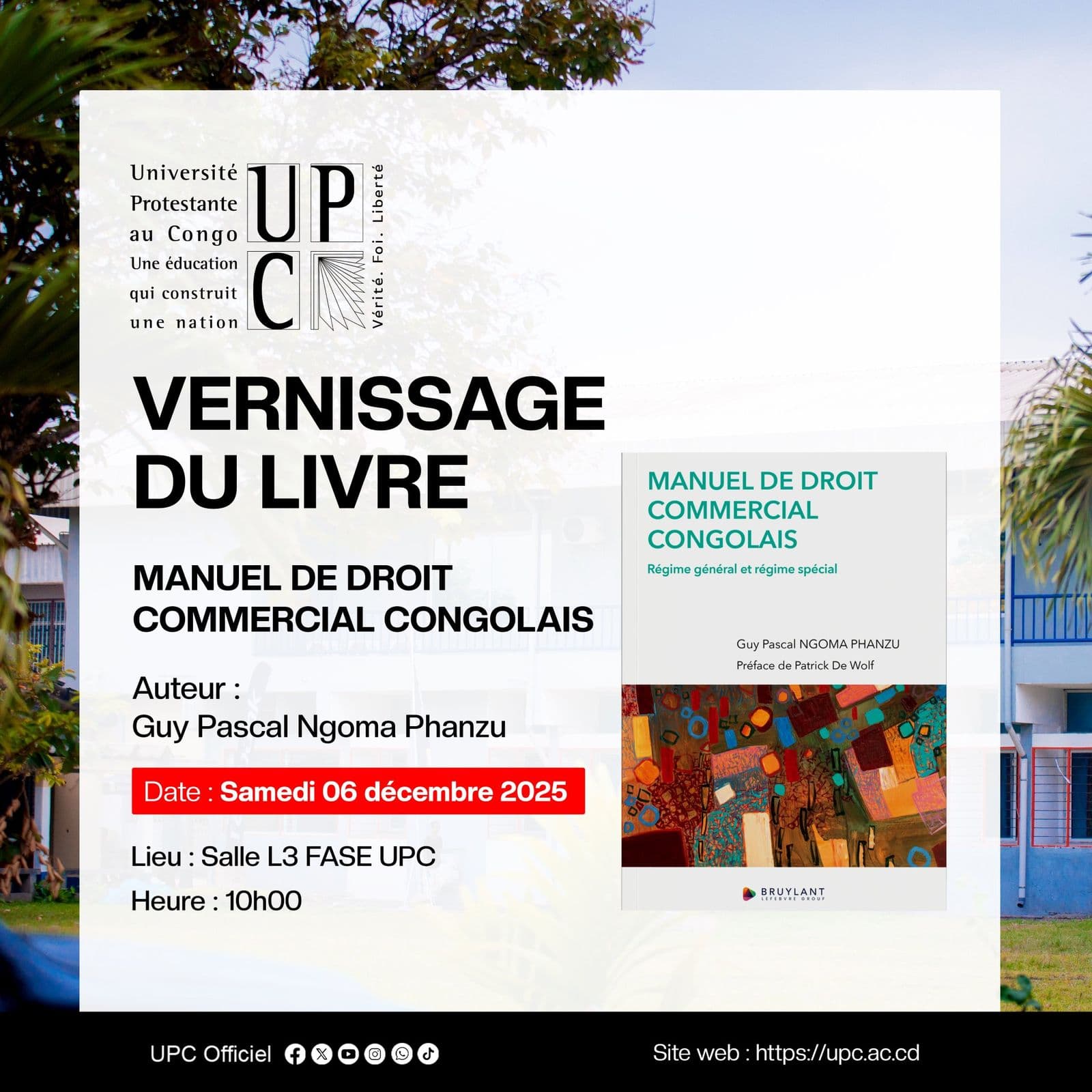 L’UPC annonce la cérémonie de vernissage du livre : « Manuel de droit commercial congolais » du Professeur Guy
