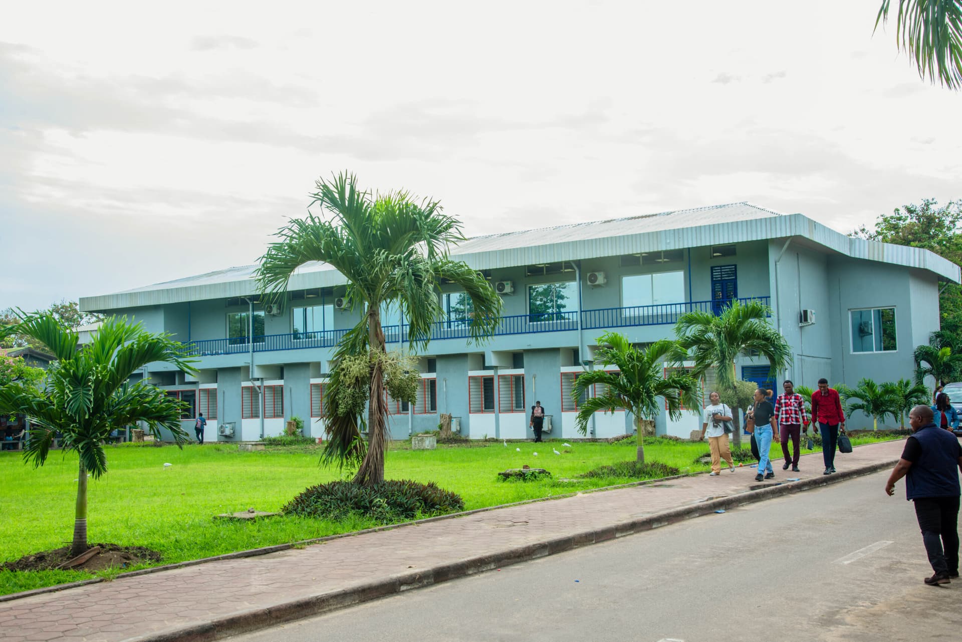 Cour du campus de l'UPC, bordée de bâtiments et de palmiers