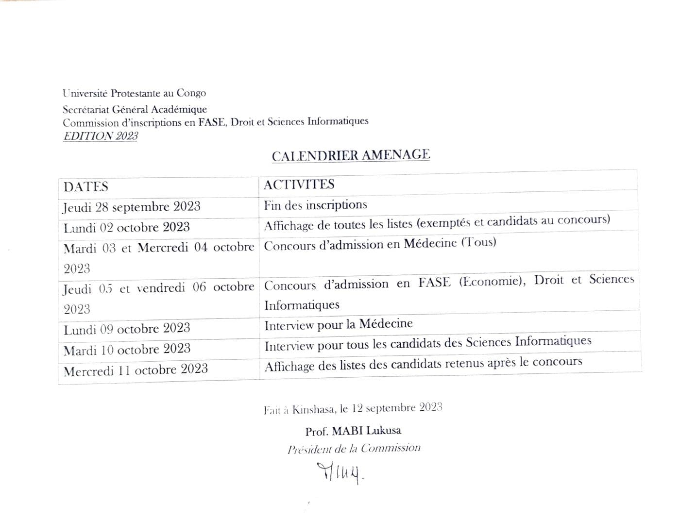Réaménagement du calendrier des inscriptions