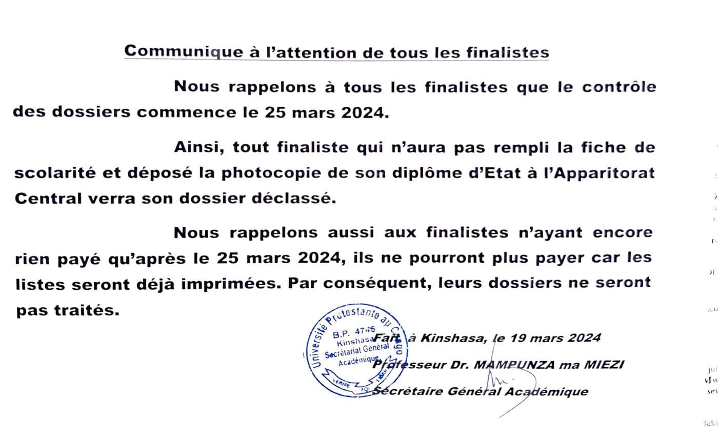 Communiqué à l’attention des finalistes
