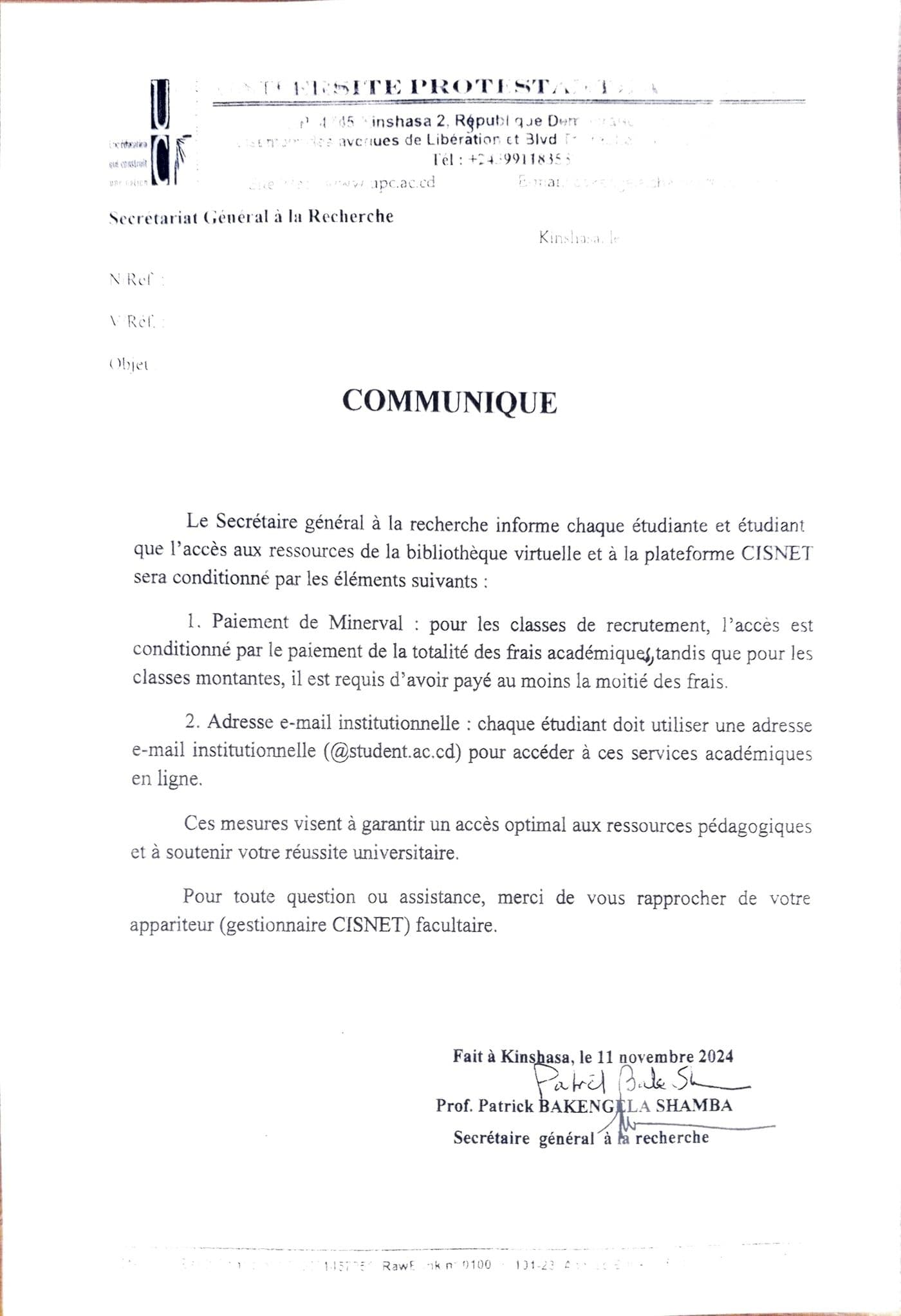Communiqué Secrétariat Général à la Recherche