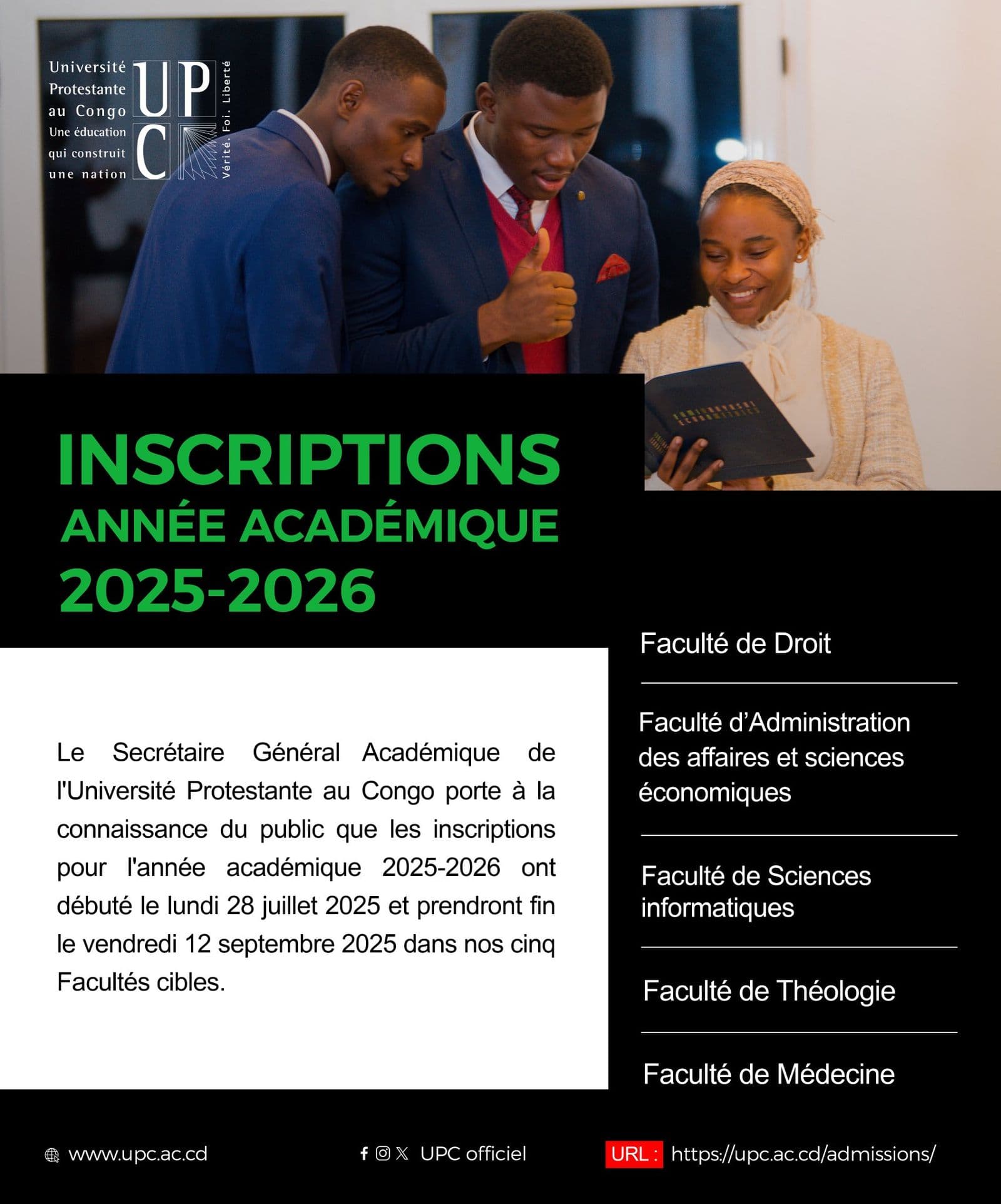 Le Secrétaire Général Académique de l'Université Protestante au Congo porte à la connaissance du public que le