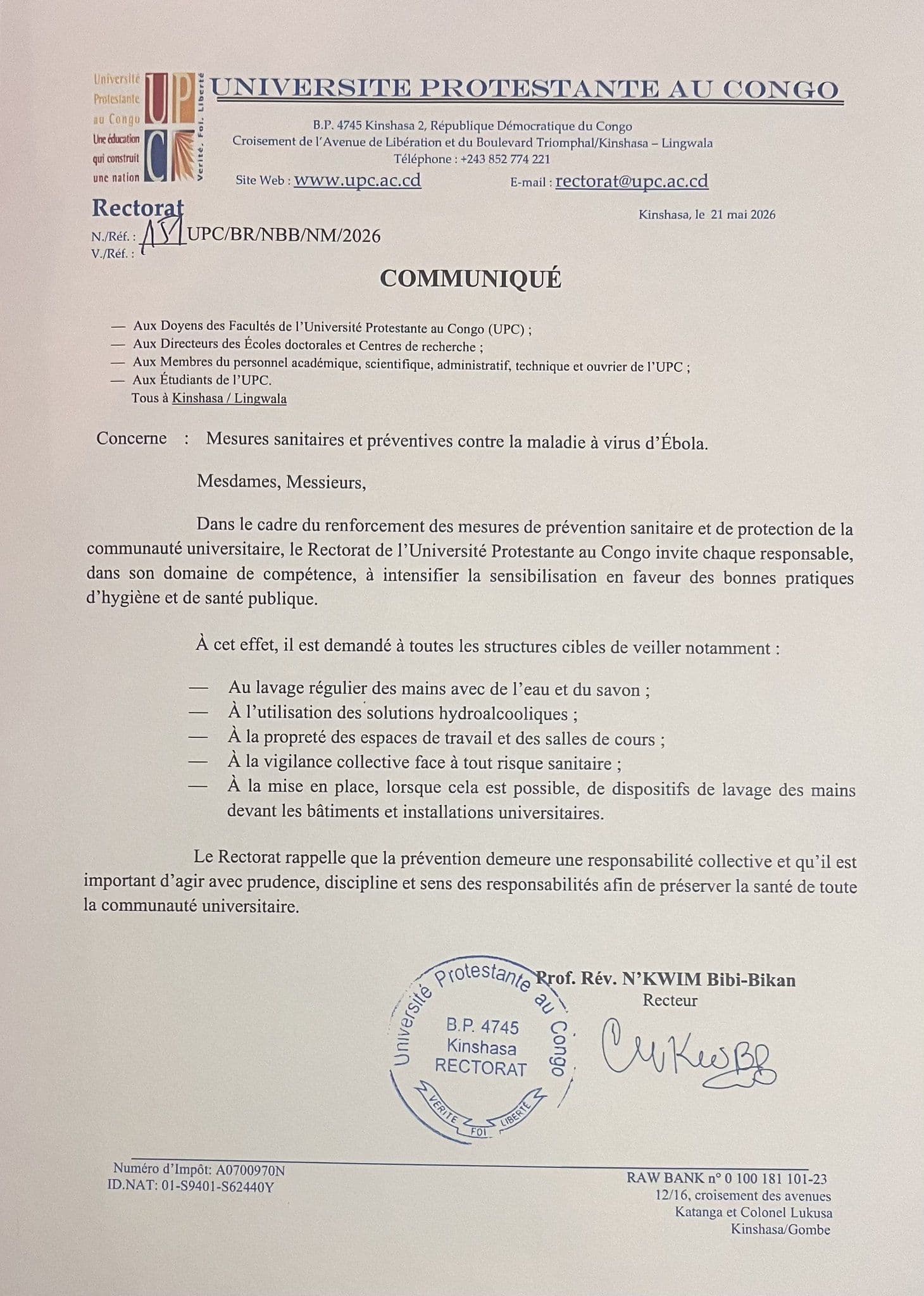 COMMUNIQUÉ sur les mesures sanitaires et préventives contre la maladie à virus d’Ébola.