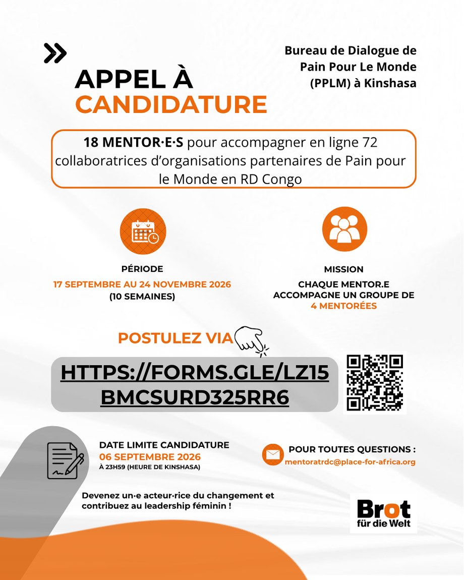 Appel à candidature : 18 mentor·e·s pour accompagner 72 collaboratrices d’organisations partenaires de Pain pour le Monde en RD Congo. Date limite : 6 septembre 2026.